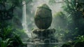 Deep in the heart of a mist-shrouded jungle, a World Easter egg rests atop an ancient stone pedestal, surrounded by lush foliage