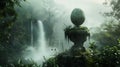 Deep in the heart of a mist-shrouded jungle, a World Easter egg rests atop an ancient stone pedestal, surrounded by lush foliage