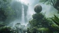 Deep in the heart of a mist-shrouded jungle, a World Easter egg rests atop an ancient stone pedestal, surrounded by lush foliage