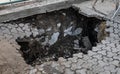 Deep hole in pedestrian sidewalk area Royalty Free Stock Photo