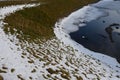 Deep lake snowy slopes covered with lawn is an artificial reservoir to capture storm water from the gutter pipes from the industri