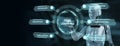 Deep learning artificial intelligence neural network. Robot pressing button on virtual screen. 3d render Royalty Free Stock Photo