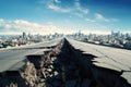 a deep long crack in the center of a city skyline highway. blue sunny sky.