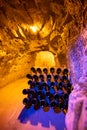 Deep and long undergrounds caves for making champagne sparkling wine from chardonnay and pinor noir grapes in Reims, Champagne,