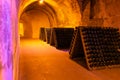 Deep and long undergrounds caves for making champagne sparkling wine from chardonnay and pinor noir grapes in Reims, Champagne,