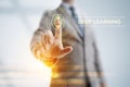 Deep Machine learning artificial intelligence technology concept. Businessman pointing on screen.