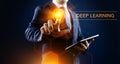 Deep Machine learning artificial intelligence technology concept. Businessman pointing on screen.