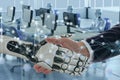 Deep machine learning with artificial intelligence technology with neural network concept, hand man and robotic hand check hand to