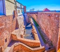 The medieval defensive moat of Spilberk Citadel transformed into walking area for tourists, Brno, Czech Republic