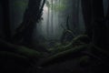 Deep misty tropical jungle in darkness. Generative AI