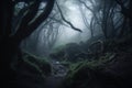 Deep misty tropical jungle in darkness. Generative AI