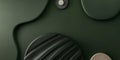 A deep moss green background with soft, circular abstract shapes creating a sense of motion and