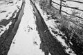 Deep muddy car tire trails in snowy countryside road monochrome