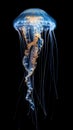 The deep ocean darkness is lit by the gentle radiance of a blue jellyfish, its tendrils delicately tracing the water