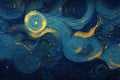 deep ocean swirls blue print with iridescent gold iridescent swirls background Royalty Free Stock Photo