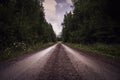 Deep perspective of gravel road through forest. Royalty Free Stock Photo