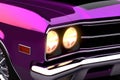 A deep purple production racer closeup of its glimmering neon lights and tinted glass panels. Speed drive concept. AI