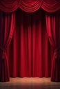 Deep red curtain sweeps back, showcasing bare stage, spotlight, act Royalty Free Stock Photo