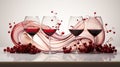 Deep Red Liquid Oil Paint and Red Cherries Splashing or Dripping With Wine Glasses on White Background