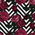 Deep red roses vector seamless pattern. Dark flowers on black and white chevron background, flowered texture
