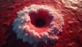 Deep red vortex forms in ocean water surrounded by white foam. Powerful swirling current pulls water into dark abyss. Natural Royalty Free Stock Photo