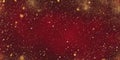 A deep ruby red glitter background, with sparkling particles reflecting gold highlights. The bold,