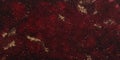 A deep ruby red glitter background, with sparkling particles reflecting gold highlights. The bold,