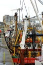 Moored trawlers and fishing equipment. Sutton Harbour Plymouth England