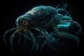 deep-sea creature, with bioluminescent patterns and textures on its skin, swimming through the dark depths