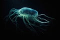 deep-sea creature swimming past field of bioluminescent plankton