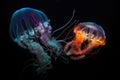 deep-sea creatures swimming and interacting with each other in vibrant display of bioluminescence
