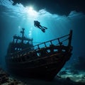 Deep sea diver diving close to the sunken ship at the bottom of the ocean Royalty Free Stock Photo