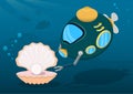 Deep sea robot bathyscaphe found large pearl in seashell. Unexpected luck, searching for treasures under water. Cartoon vector