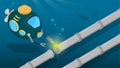 Deep sea robot bathyscaphe repairs pipeline. Complex engineering work underwater. Oil pipeline laying. Cartoon vector