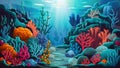 Deep sea scene with coral reef and underwater plants, marine illustration Royalty Free Stock Photo