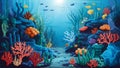 Deep sea scene with coral reef and underwater plants, marine illustration Royalty Free Stock Photo