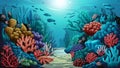 Deep sea scene with coral reef and underwater plants, marine illustration Royalty Free Stock Photo