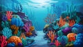 Deep sea scene with coral reef and underwater plants, marine illustration Royalty Free Stock Photo