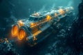 Deep sea vehicles collect minerals from seabed using mining technology. Concept Deep Sea Mining,