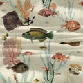 Deep sea wallpaper pattern with coral reefs and colorful fish in the depths of the bay, vintage beige background