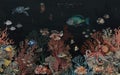 Deep Sea Wallpaper Pattern With Coral Reefs And Colorful Fish In The Depths Of The Bay, Vintage Black Background