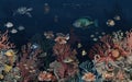 Deep Sea Wallpaper Pattern With Coral Reefs And Colorful Fish In The Depths Of The Bay, Vintage And Blue Background