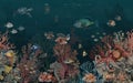 Deep Sea Wallpaper Pattern With Coral Reefs And Colorful Fish In The Depths Of The Bay Vintage Tiffany Background