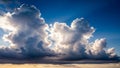Dramatic Cumulus Clouds Illuminated by Sunlight Rays Against a Deep Blue Sky with Subtle Sunset Hues Royalty Free Stock Photo