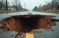 Deep sinkhole collapse in asphalt road. Damaged road infrastructure, broken bridge structure, dangerous situation. Environmental Royalty Free Stock Photo