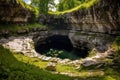 deep sinkhole in a limestone area surrounded by vegetation