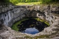 deep sinkhole in a limestone area surrounded by vegetation