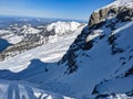 deep snow descent with the skis from the mutteristock. North descent with avalanche risk. Beautiful slalom tracks. Royalty Free Stock Photo