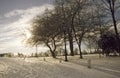 Winter snow scene in uk countryside meadow Royalty Free Stock Photo