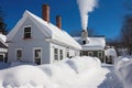 deep snow piled around a colonial house with two chimneys Royalty Free Stock Photo